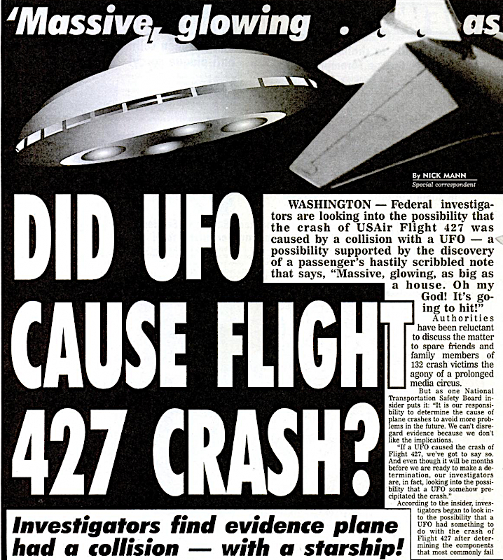 UFO ALMOST HIT AIRLPLANE NATIONAL ENQUIRER